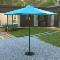 Flash Furniture GM-402003-UB19B-TL-GG Sunny Teal 9 FT Round Umbrella with Crank and Tilt Function and Standing Umbrella Base